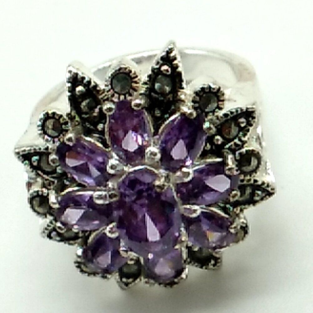 Silver Marcasite Flower Ring, Marquise Cut Amethyst CZ Size 5.75